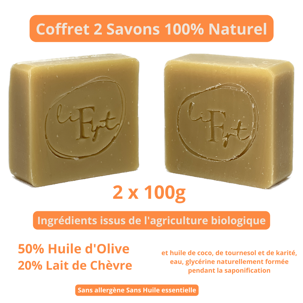 Savon Naturel de Provence Pure Huile d'Olive BIO - Hydrate tout type de Peau - Soins Corps et Visage Doux et Surgras - Produit Artisanal Fait Main - Sans Parfum - Pack 2x100g